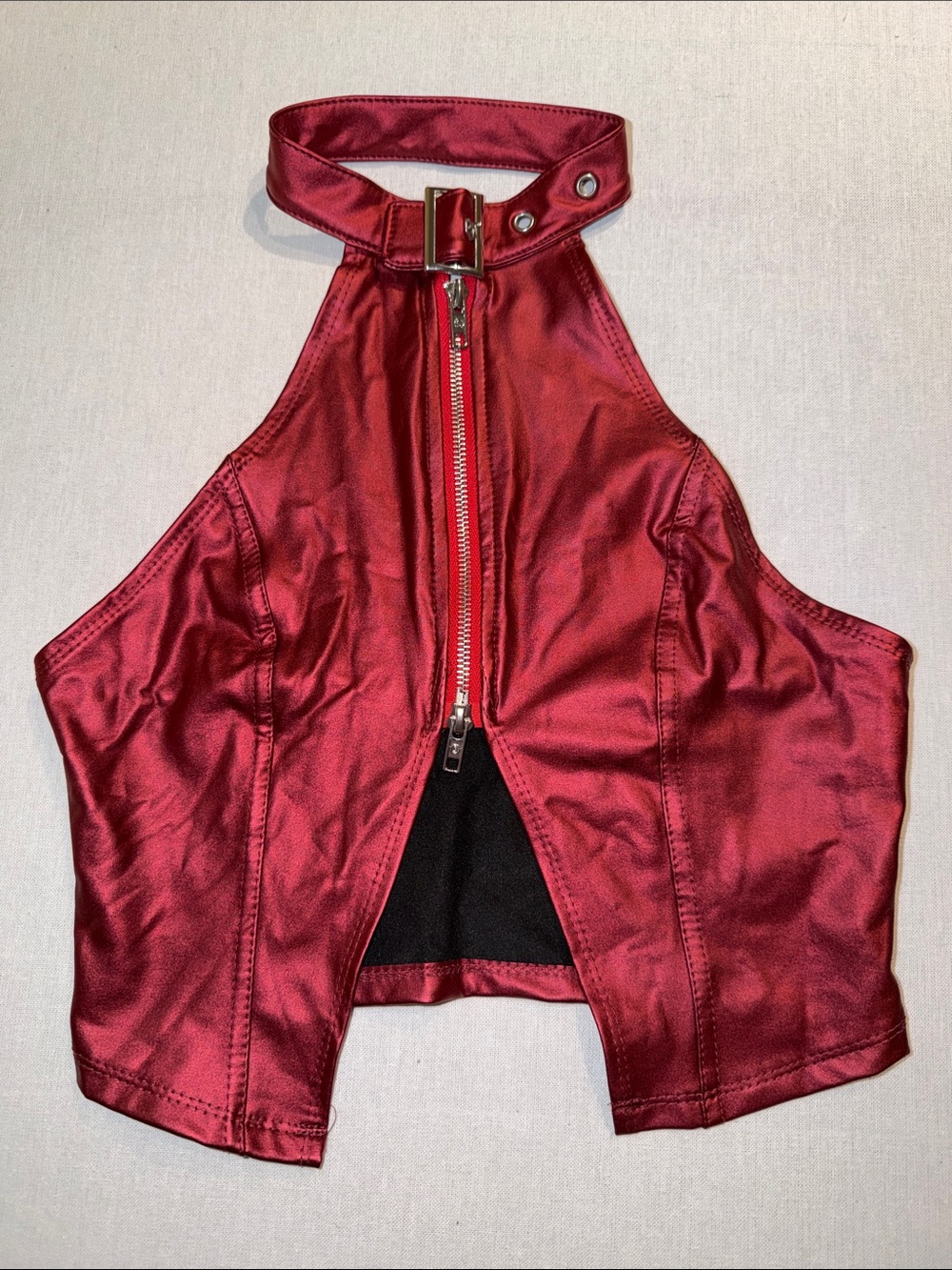 Red leather Halter Zip Front Crop Top